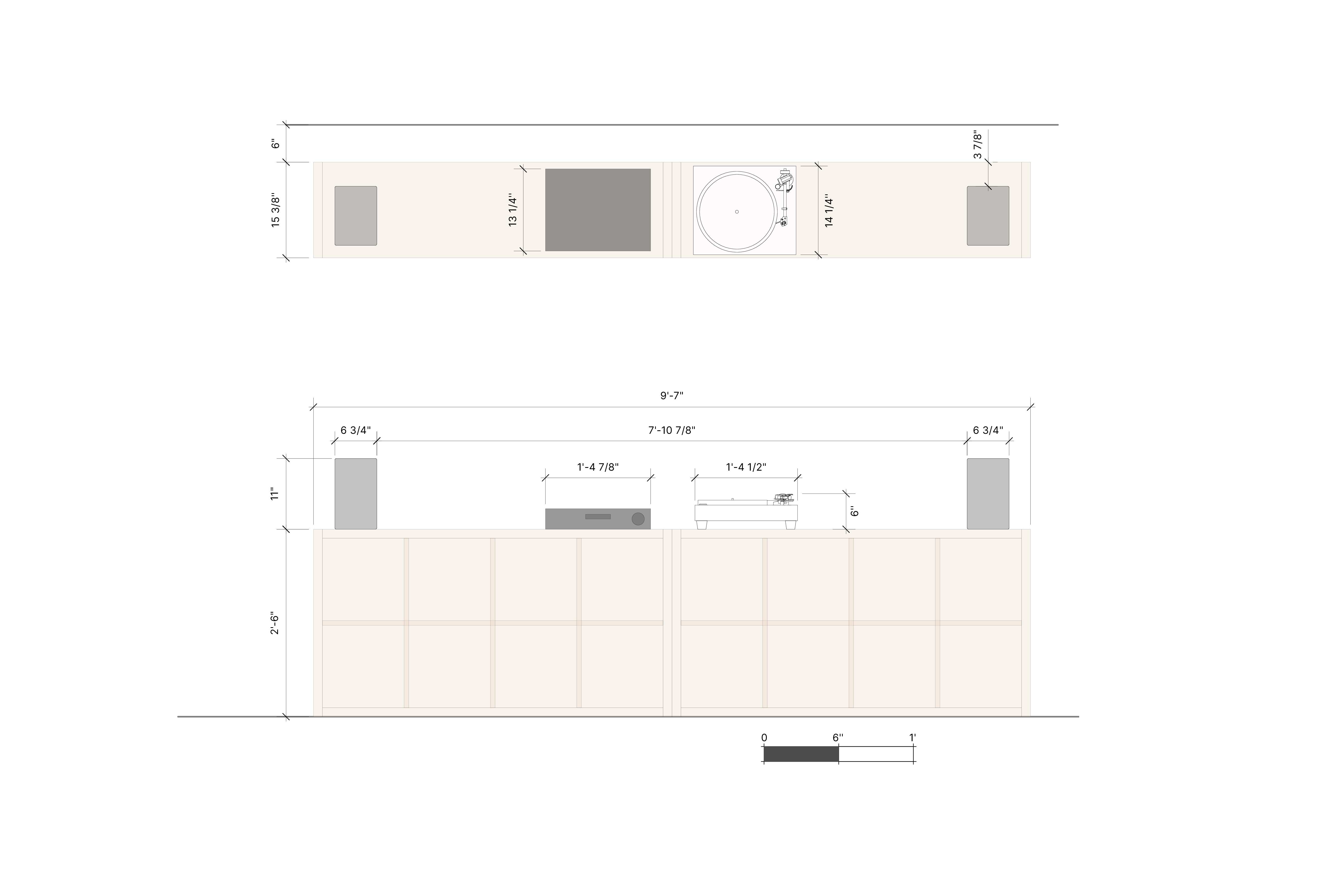 Elevation drawing with dimensions of the elevated audiophile's den design