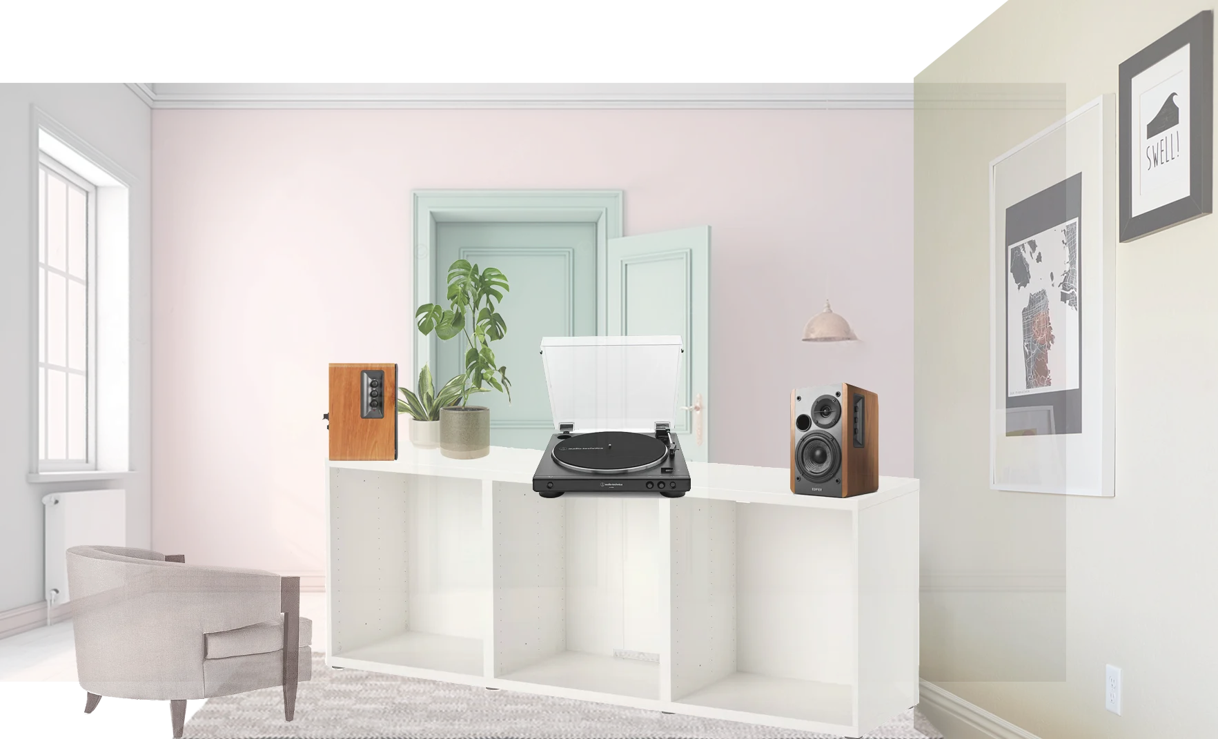 Conceptual Imagery of the Aspiring Audiophile's Den as an architectural collage