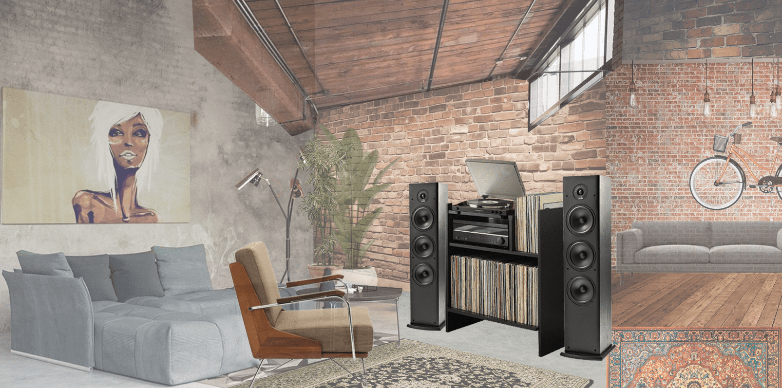 Conceptual Imagery of the Budget Vinyl Nook as an architectural collage