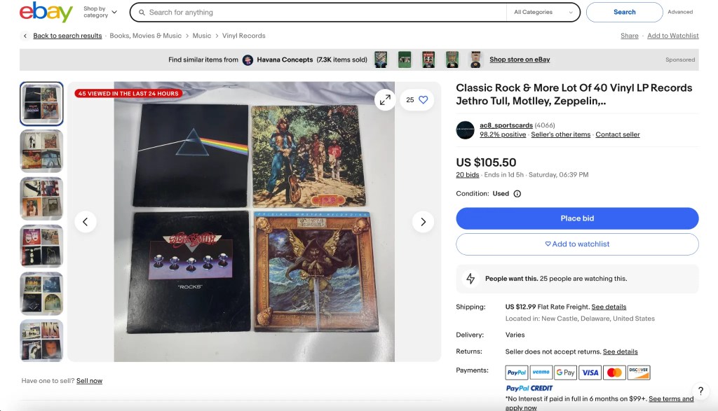 ebay listing for lot of 40 cheap vinyl records for 105 usd