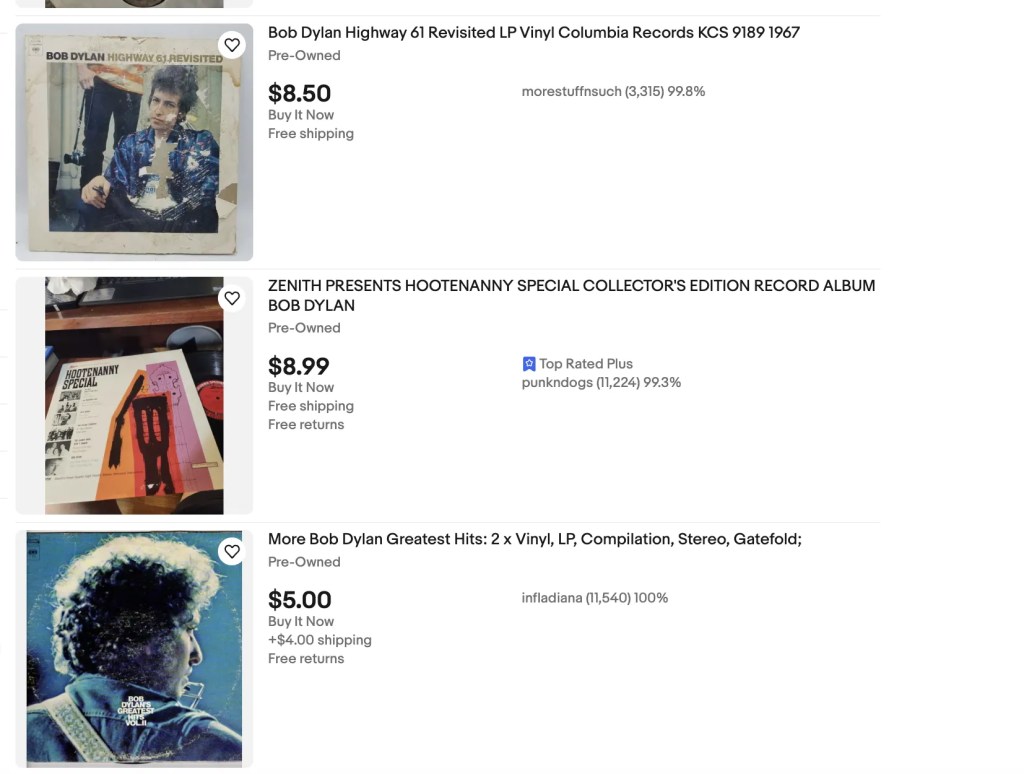 ebay listing for cheap bob dylan records in the $9 range