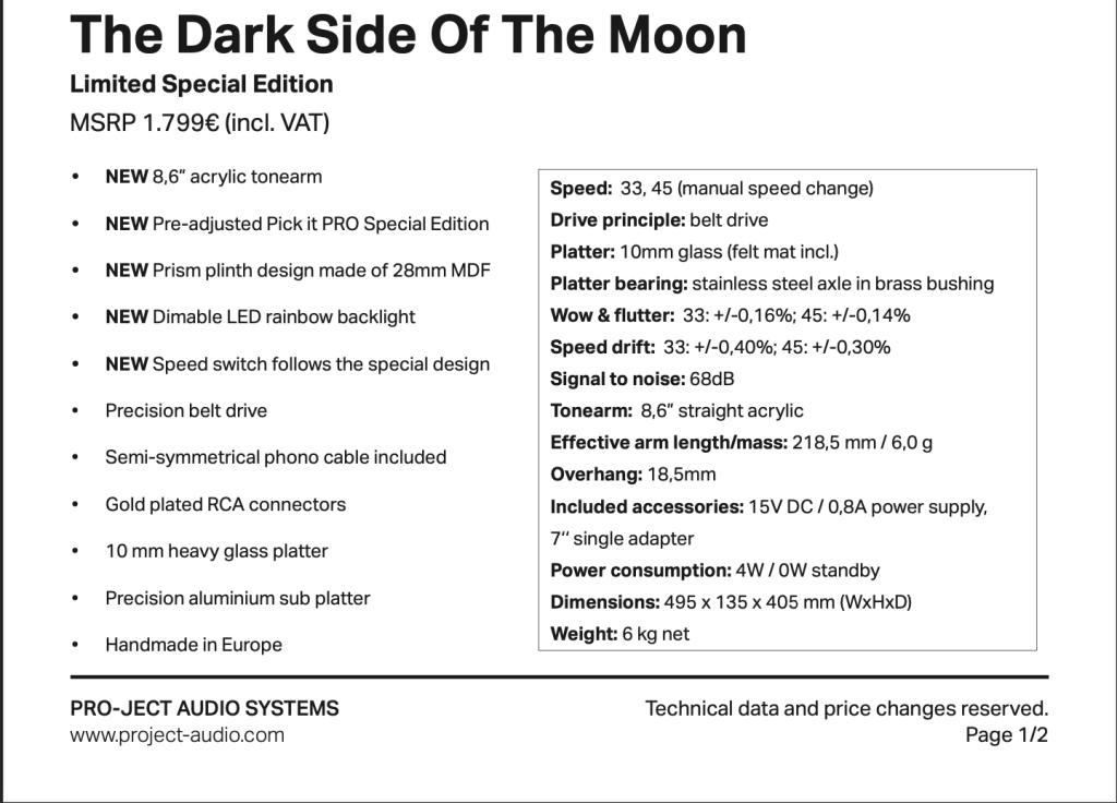 Dark Side Of The Moon Turntable Specifications