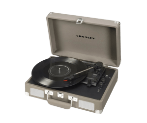 A gray Crosley Cruiser Plus turntable with a vintage suitcase-style design, built-in speakers, and a vinyl record spinning on the platter.