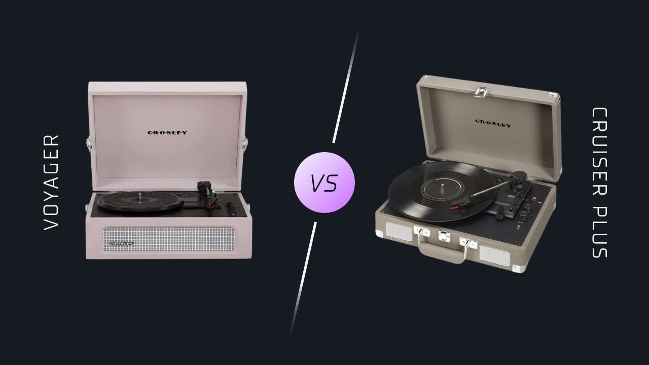 Comparison image of two Crosley portable record players: the Voyager on the left with a front-facing speaker grille, and the Cruiser Plus on the right with a briefcase-style design, both open and playing vinyl records. 