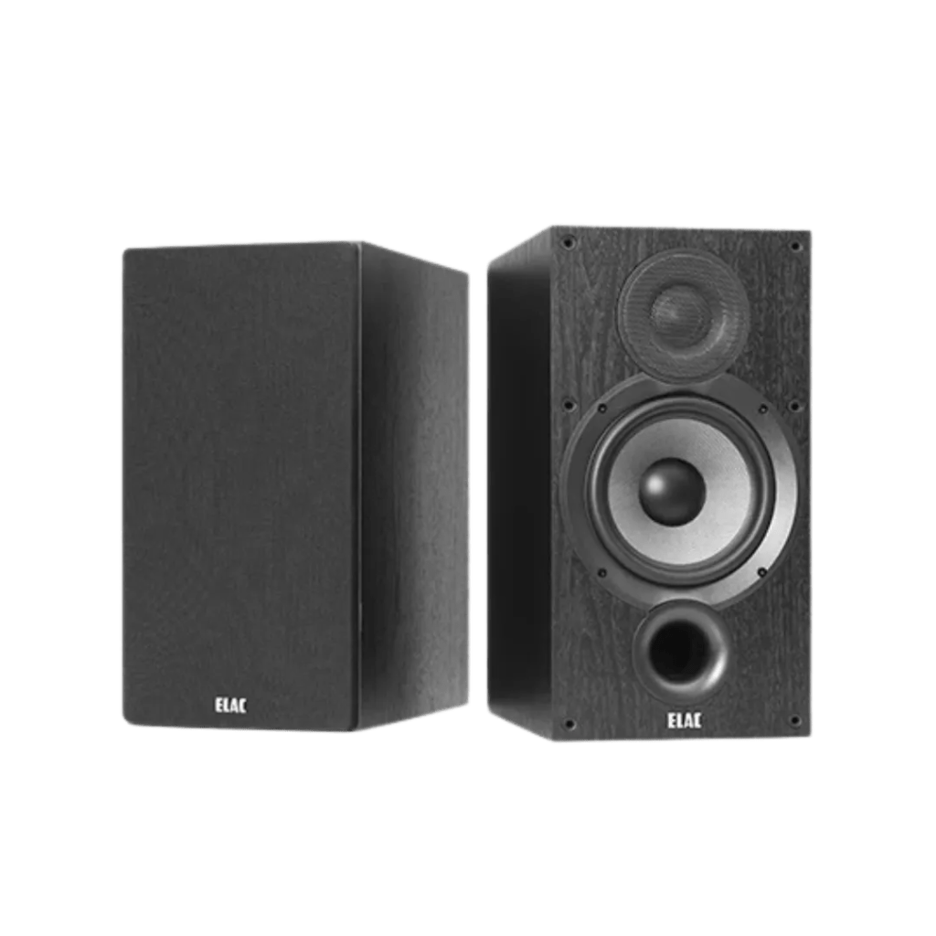 Elac Debut B6.2 bookshelf speakers with a classic black design and high-performance drivers.