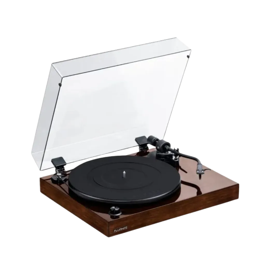 Fluance RT82 turntable with a sleek wooden finish and transparent dust cover.