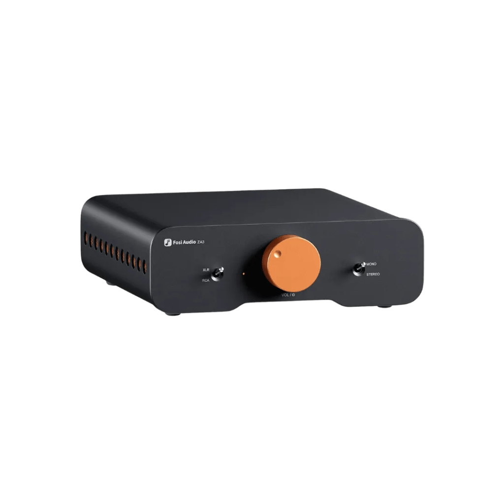 Fosi Audio ZA3 amplifier featuring a modern black finish with an orange volume knob.