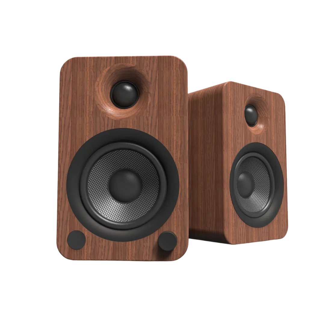 Kanto YU6 powered speakers in a walnut finish, with a stylish, modern wood design and high-quality drivers.