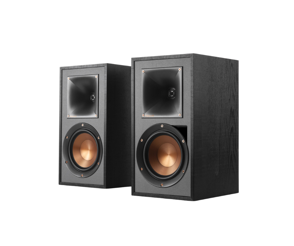 A pair of Klipsch R-51PM powered speakers with a sleek black design, featuring copper woofers and a modern horn-loaded tweeter, perfect for high-quality audio setups.