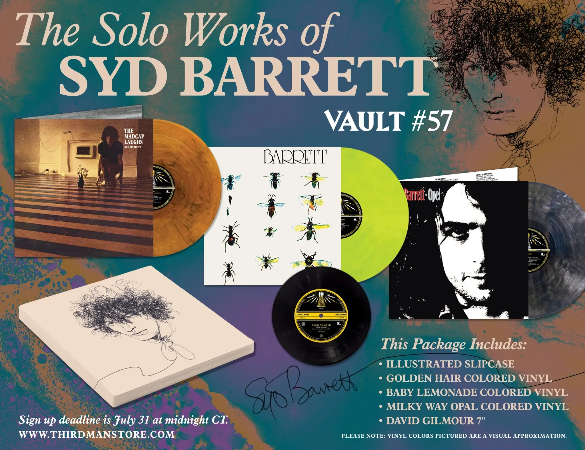 Third Man Records Vault #57 package featuring the solo works of Syd Barrett, including vinyl records in various colors, an illustrated slipcase, and a special David Gilmour 7-inch record.