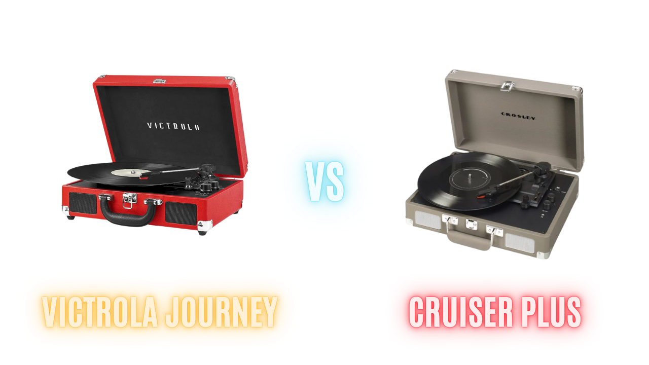 Side-by-side comparison of the Victrola Journey and Crosley Cruiser Plus suitcase record players.