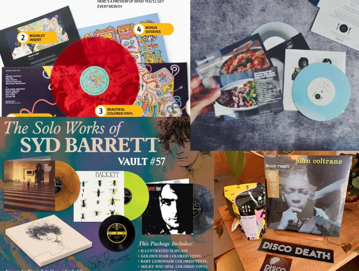 Collage showcasing vinyl subscription services, featuring colorful records, exclusive album covers, booklet inserts, and themed packaging from various services, including John Coltrane, Syd Barrett, and other unique offerings.