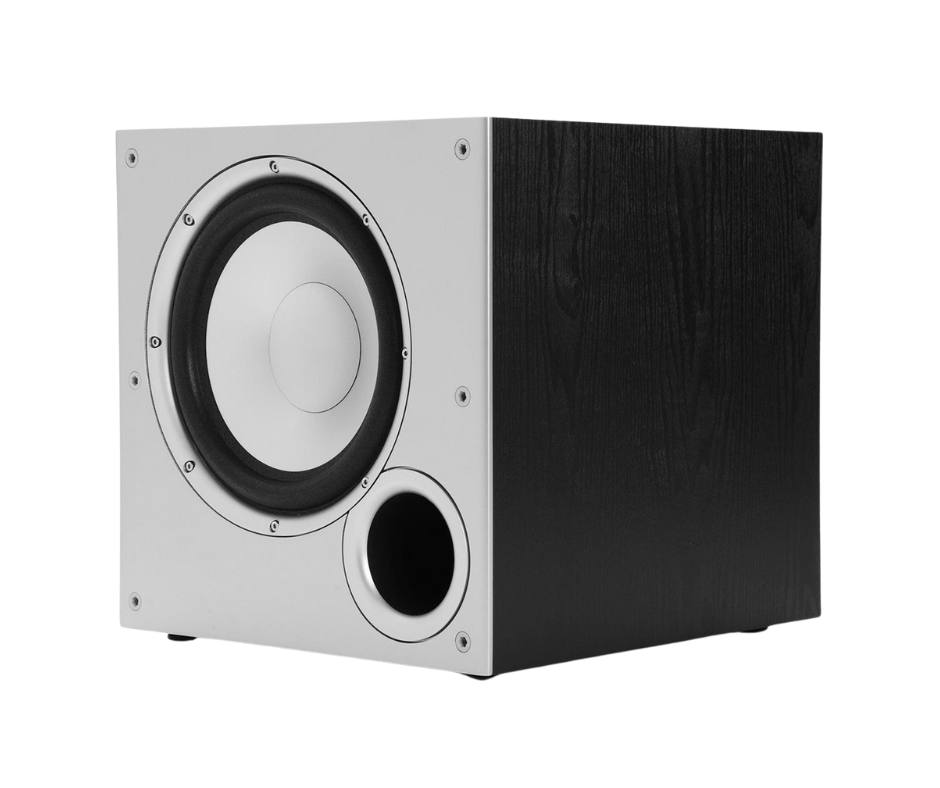 Black and white Polk Audio PSW10 subwoofer with a front-facing woofer and bass port, designed with a modern and minimalist aesthetic.