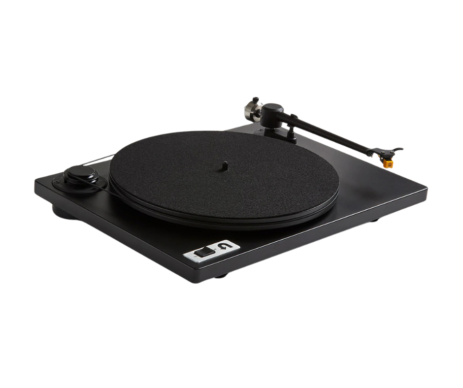 U-Turn Orbit turntable in a sleek black finish with a minimalist design, featuring a tonearm and felt platter for playing vinyl records.
