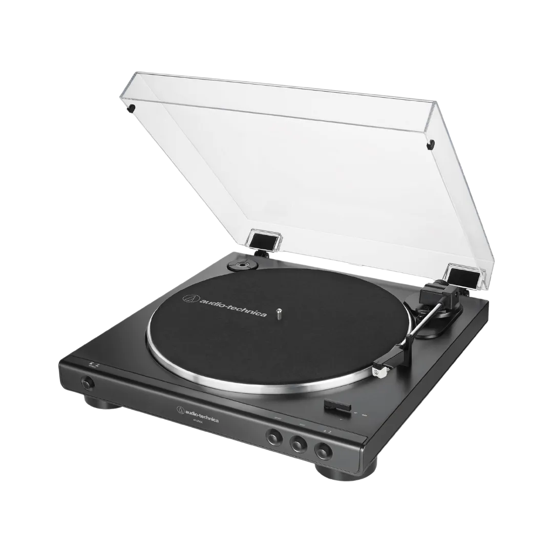 Audio-Technica AT-LP60X turntable with a black finish, featuring a transparent dust cover and minimalist design.