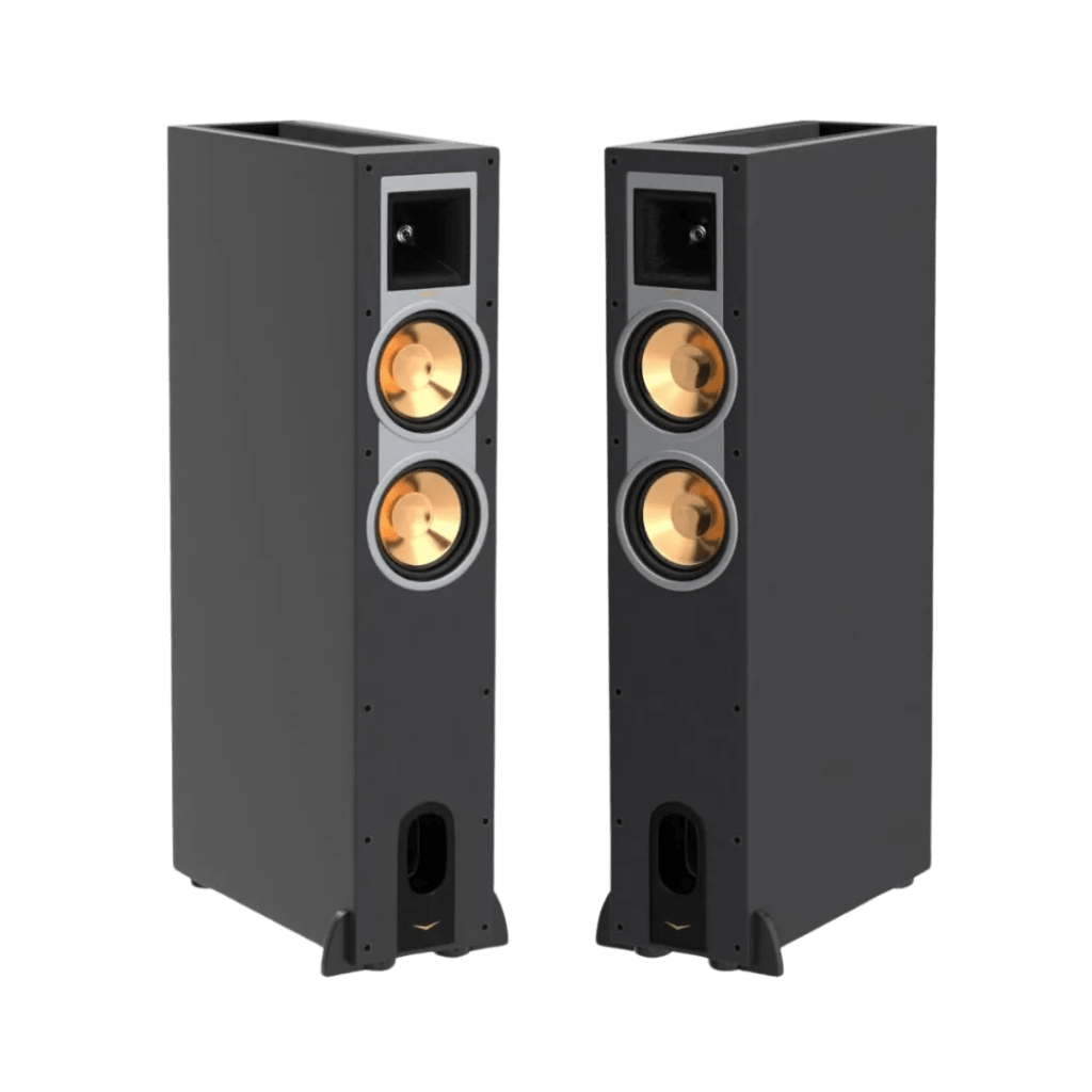 Klipsch Reference R-26FA floor-standing speakers featuring a black finish, integrated Dolby Atmos technology, and copper-spun woofers for immersive audio performance.