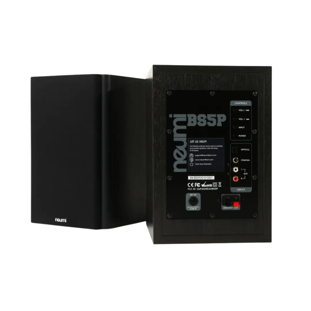 Neumi BS5P-ARC powered bookshelf speakers in black, showcasing the front and back panels with multiple input options, including ARC, RCA, and optical
