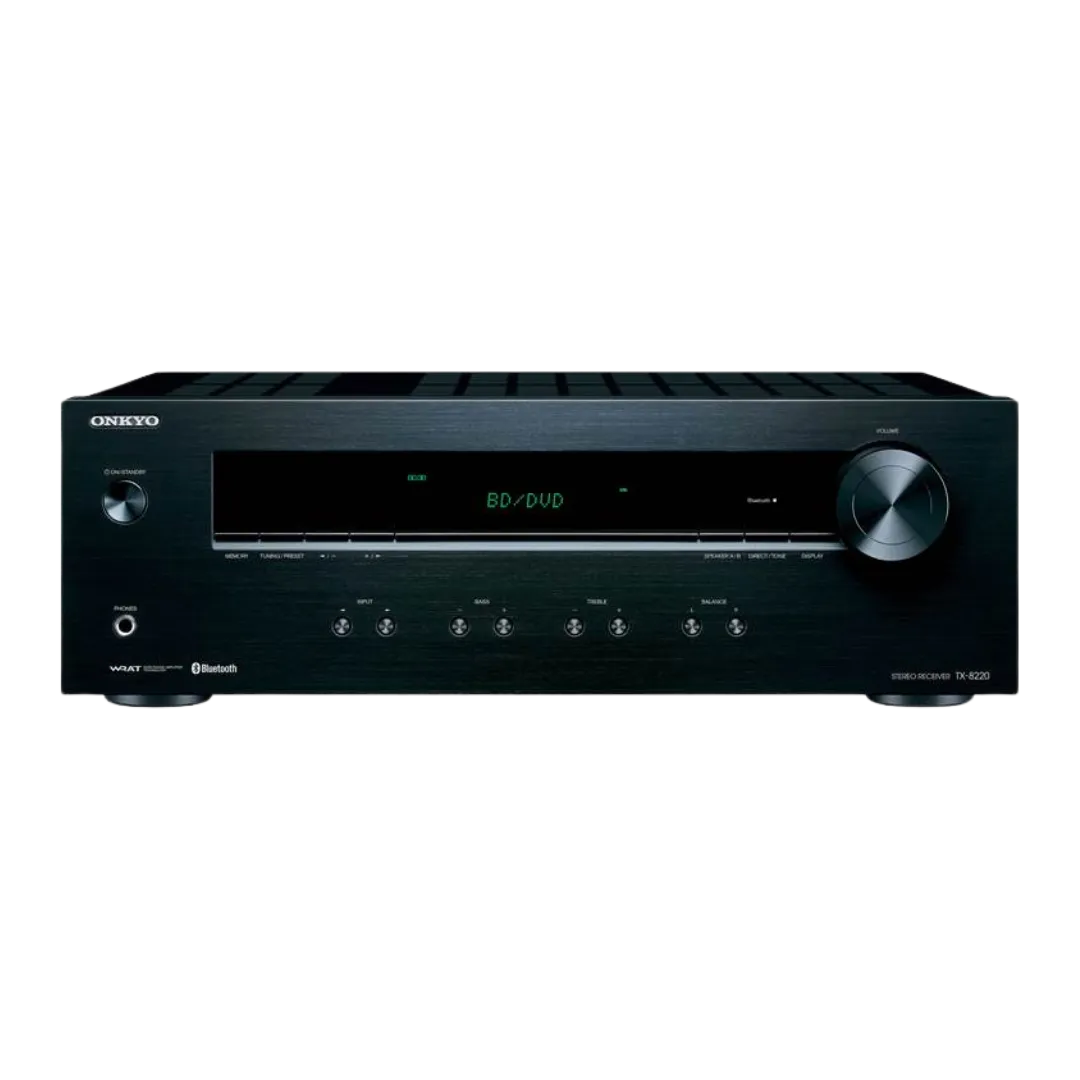 Onkyo TX-8220 stereo receiver in black, featuring a sleek front panel with control knobs, display screen, and Bluetooth connectivity for versatile audio setups.