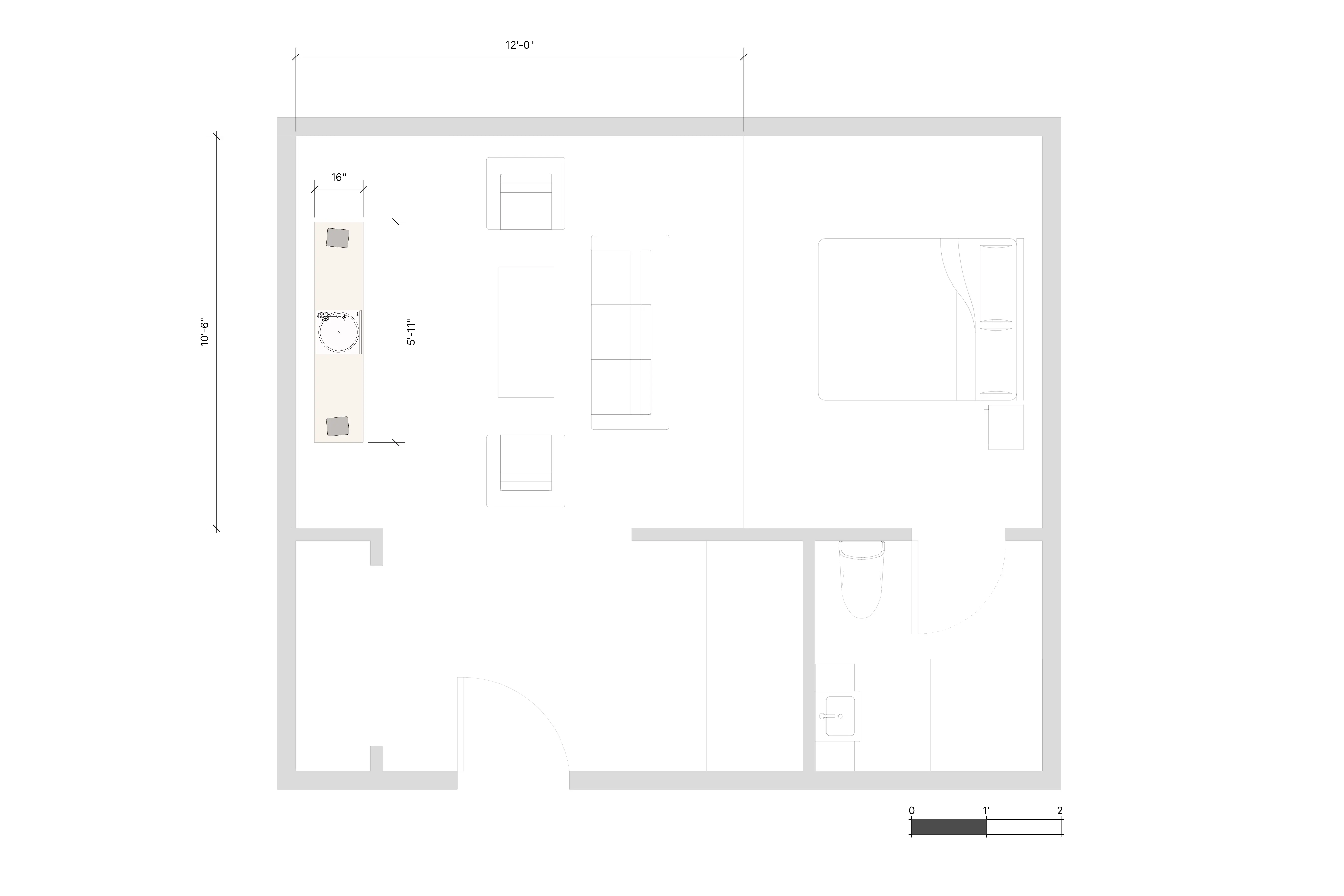 Contextual floor plan showing a living room setup with a vinyl listening area, furniture arrangement, and detailed room dimensions.