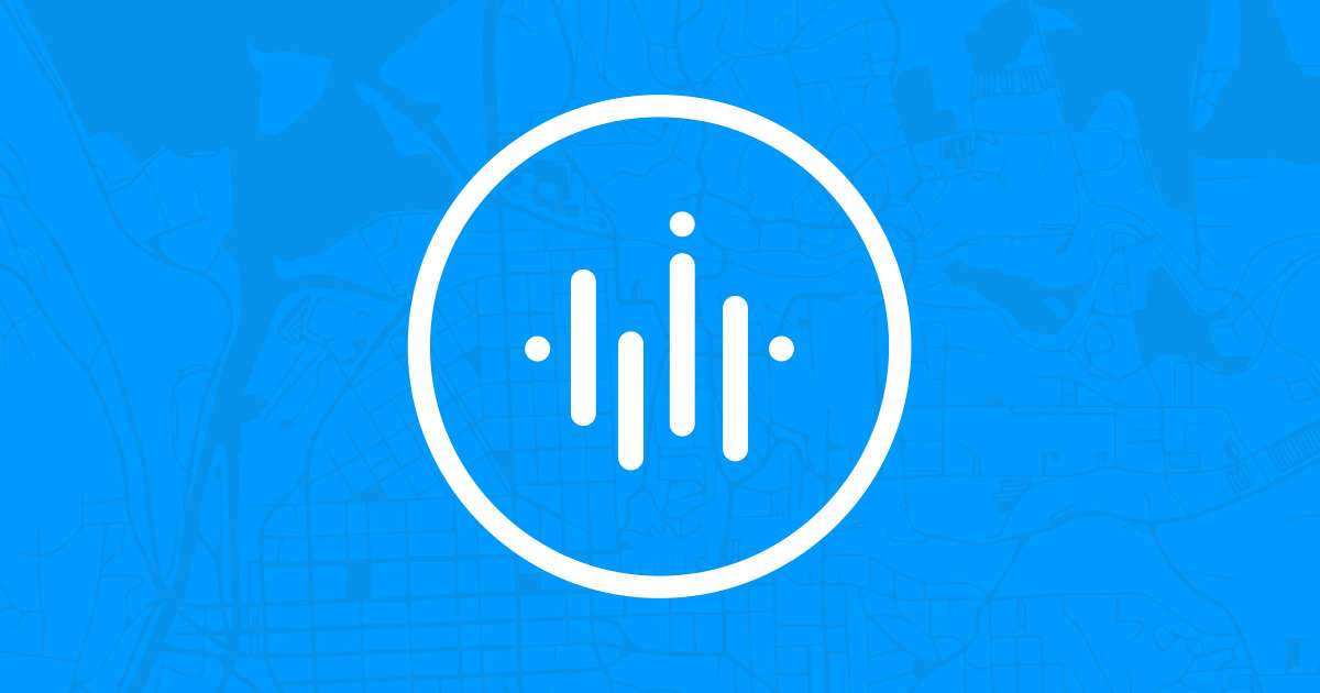 A graphic logo on a bright blue background featuring a white circular border containing stylized vertical bars of different heights and dots representing sound waves, layered over a faint map outline.