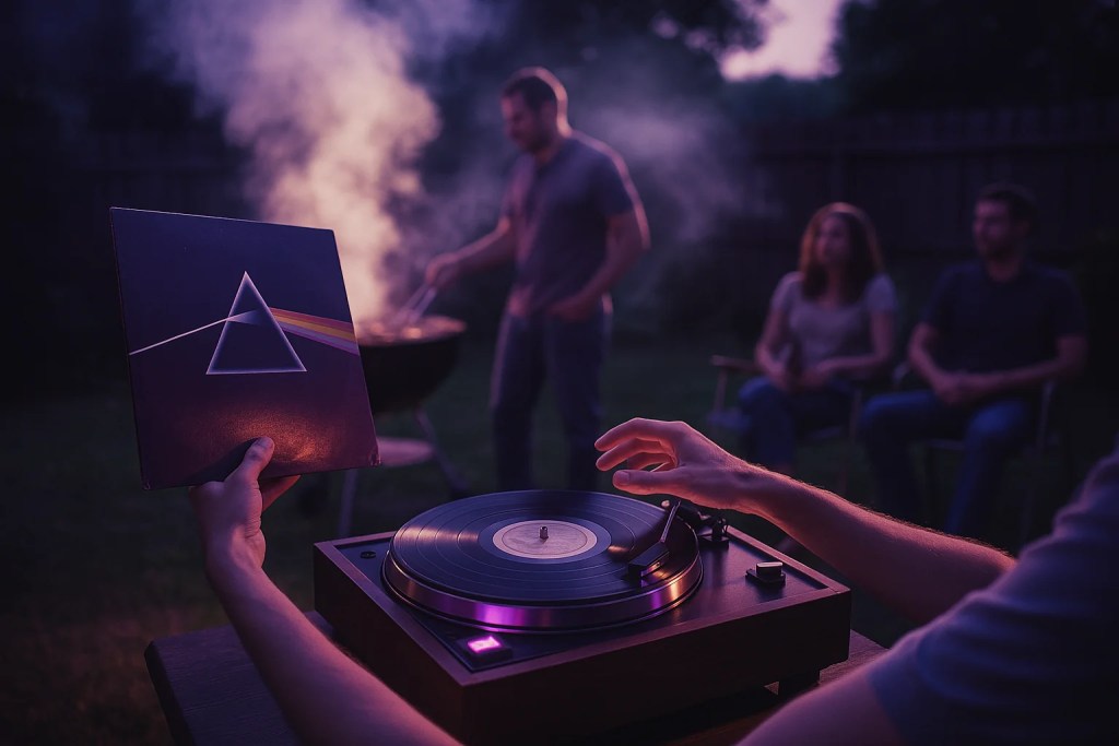 A person placing a Pink Floyd ‘Dark Side of the Moon’ vinyl onto a portable record player at dusk in a backyard, with smoke rising from a barbecue and friends seated nearby—showcasing the best portable record player for outdoor gatherings.