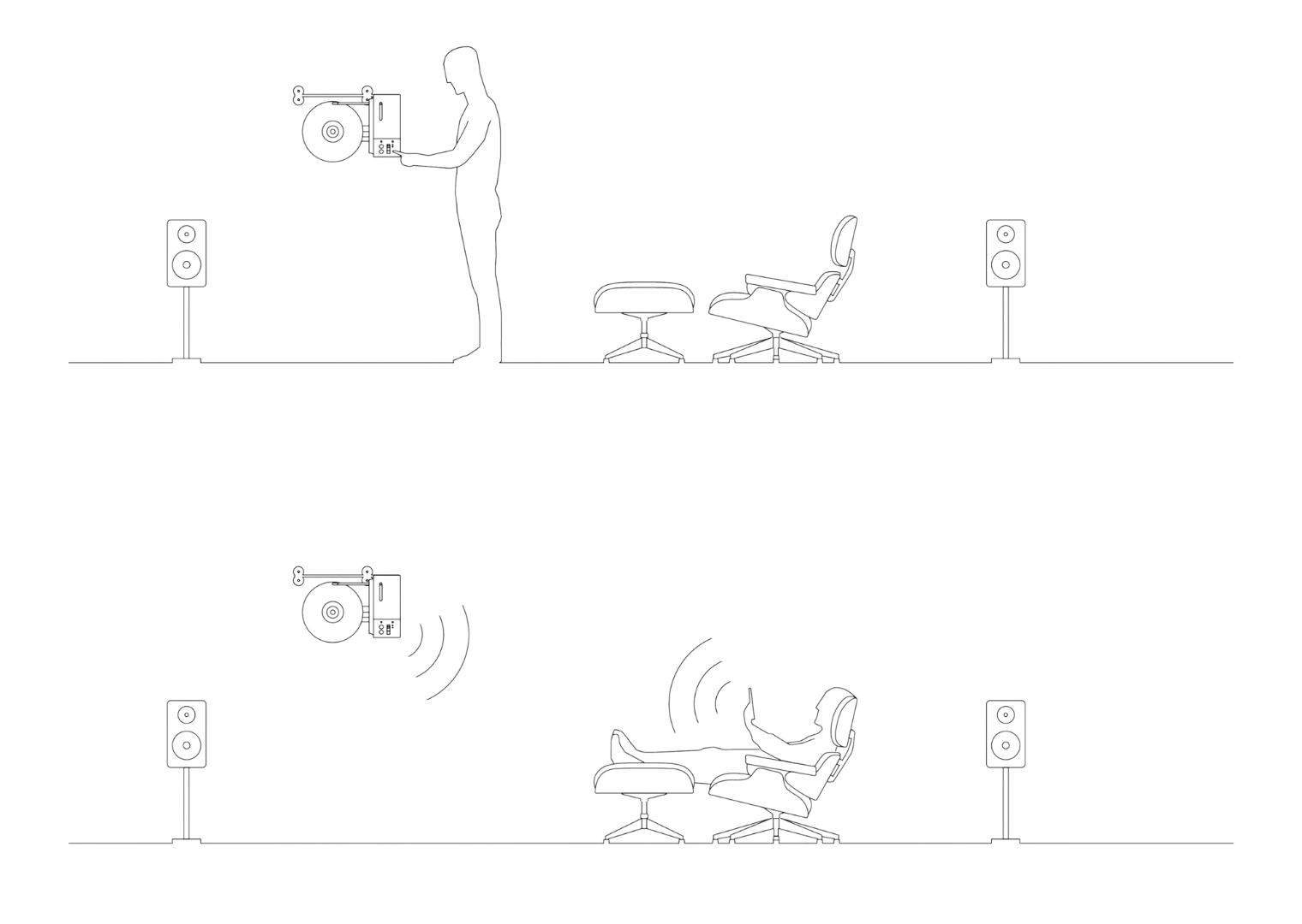 Minimalist line drawing of a vinyl listening setup with a vertical record player, showing a person standing to operate the turntable and then sitting back in a lounge chair to enjoy the music, surrounded by stereo speakers
