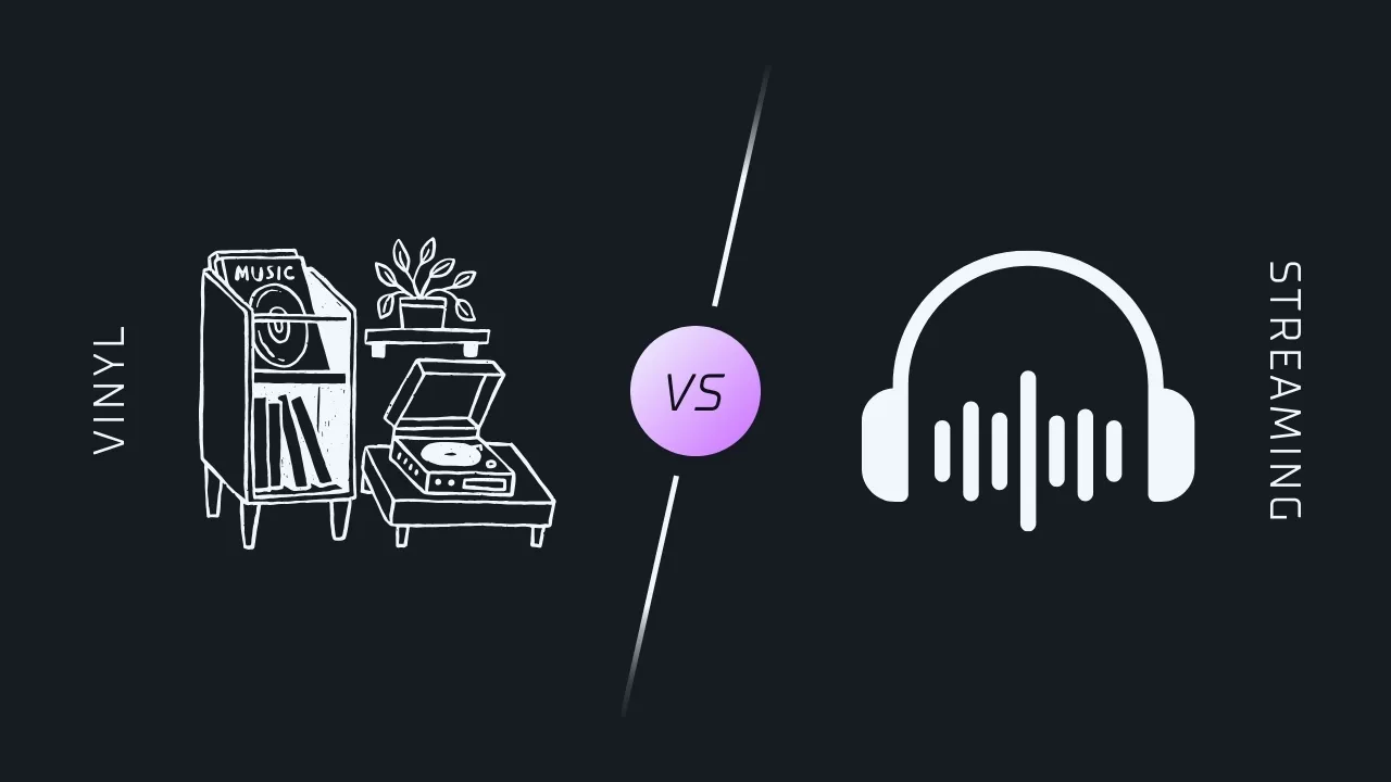 A minimalist digital graphic comparing vinyl and streaming. On the left, a hand-drawn white outline illustration of a vinyl listening setup features a turntable, a vinyl storage cabinet labeled ‘MUSIC,’ and a potted plant. On the right, a modern white icon of headphones with soundwave bars represents streaming. A gradient purple circle with ‘VS’ in the center divides the two. The background is dark, and the words ‘VINYL’ and ‘STREAMING’ are vertically aligned on either side.