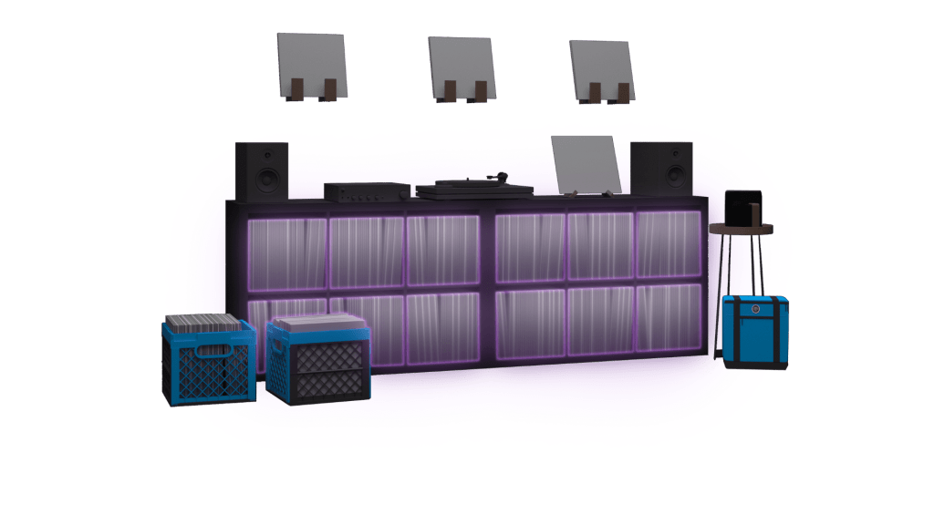 Same panorama, with the two blue record crates in front outlined in purple to represent the “collection” (accessories) hotspot.