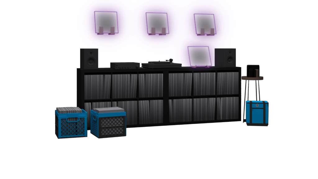 Same vinyl listening room panorama, with the wall-mounted record display area (four cover stands above the shelf) outlined by a soft purple glow to indicate the “display” hotspot.