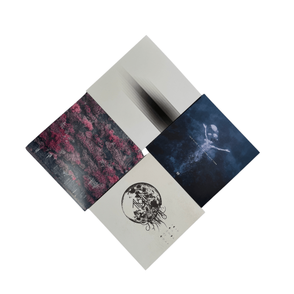 A diamond layout of four Sleep Token vinyl records, showcasing ethereal and atmospheric artwork with dreamlike colors and abstract imagery.