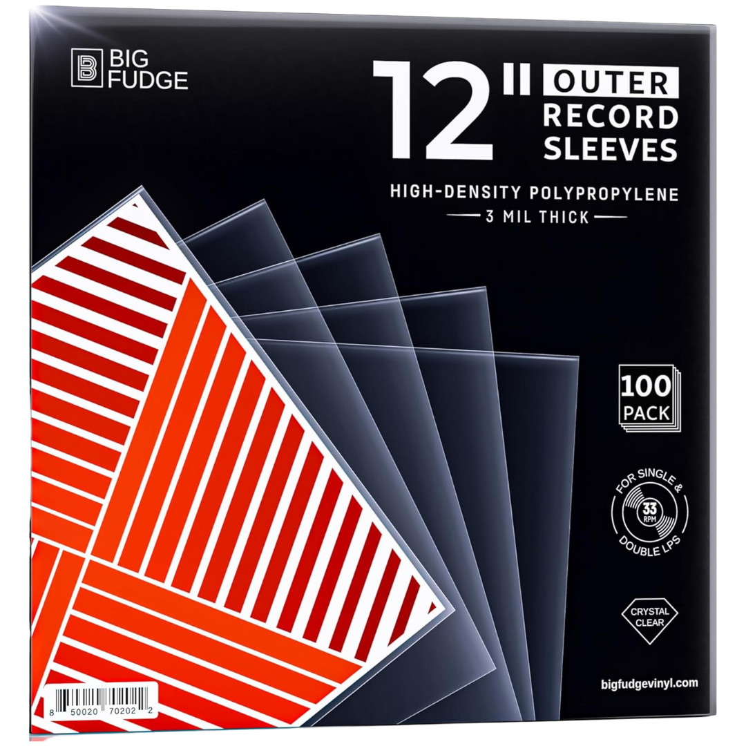 BIG FUDGE 12-inch outer record sleeves 100-pack, made from 3 mil thick high-density polypropylene for protecting single and double LPs with a crystal-clear finish.