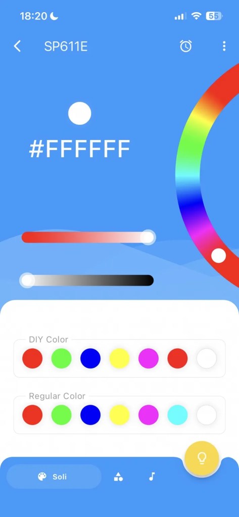 Vylümi app color customization screen showing a color picker wheel, hex code input, and DIY color options.