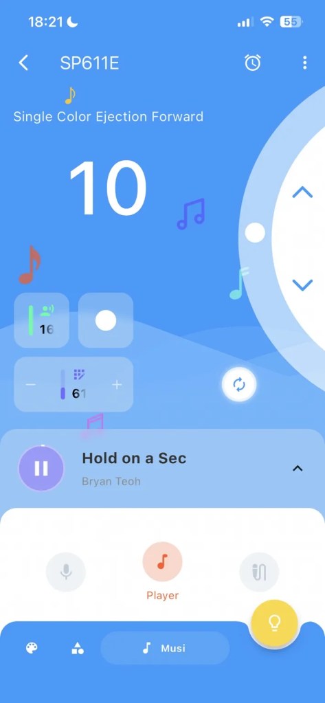 Vylümi app in music mode with a track titled “Hold on a Sec” by Bryan Teoh playing, showing playback and lighting response options.