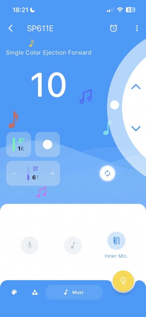 Vylümi app set to music reactive mode titled “Single Color Ejection Forward,” with inner mic selected and visual EQ settings.