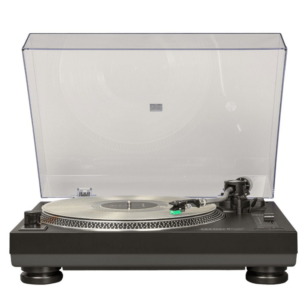Front view of a Crosley C100 turntable with a clear dust cover open, featuring a strobe-lit aluminum platter, mounted vinyl record, S-shaped tonearm with green Audio-Technica cartridge, pitch control slider, and a DJ-style black plinth.