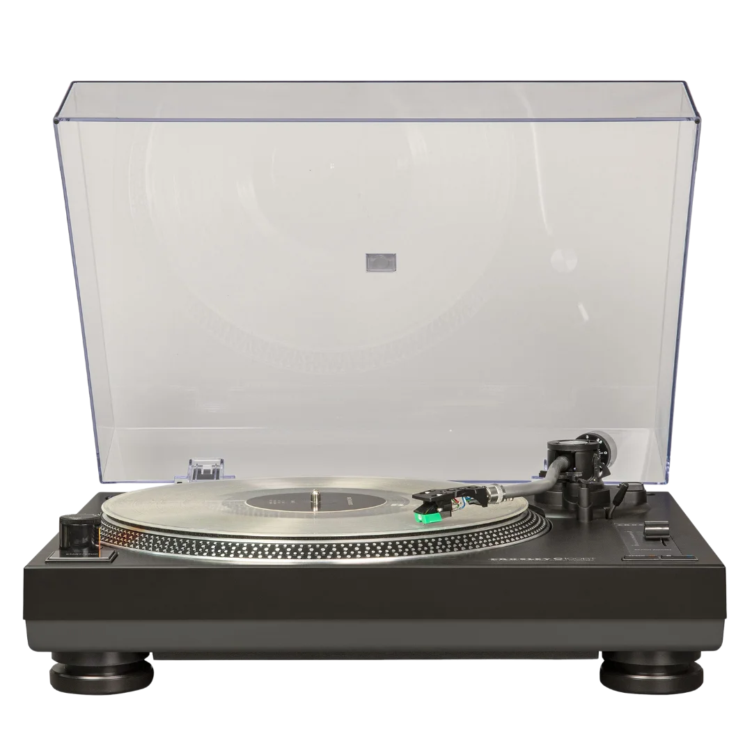 Front view of a Crosley C100 turntable with a clear dust cover open, featuring a strobe-lit aluminum platter, mounted vinyl record, S-shaped tonearm with green Audio-Technica cartridge, pitch control slider, and a DJ-style black plinth.