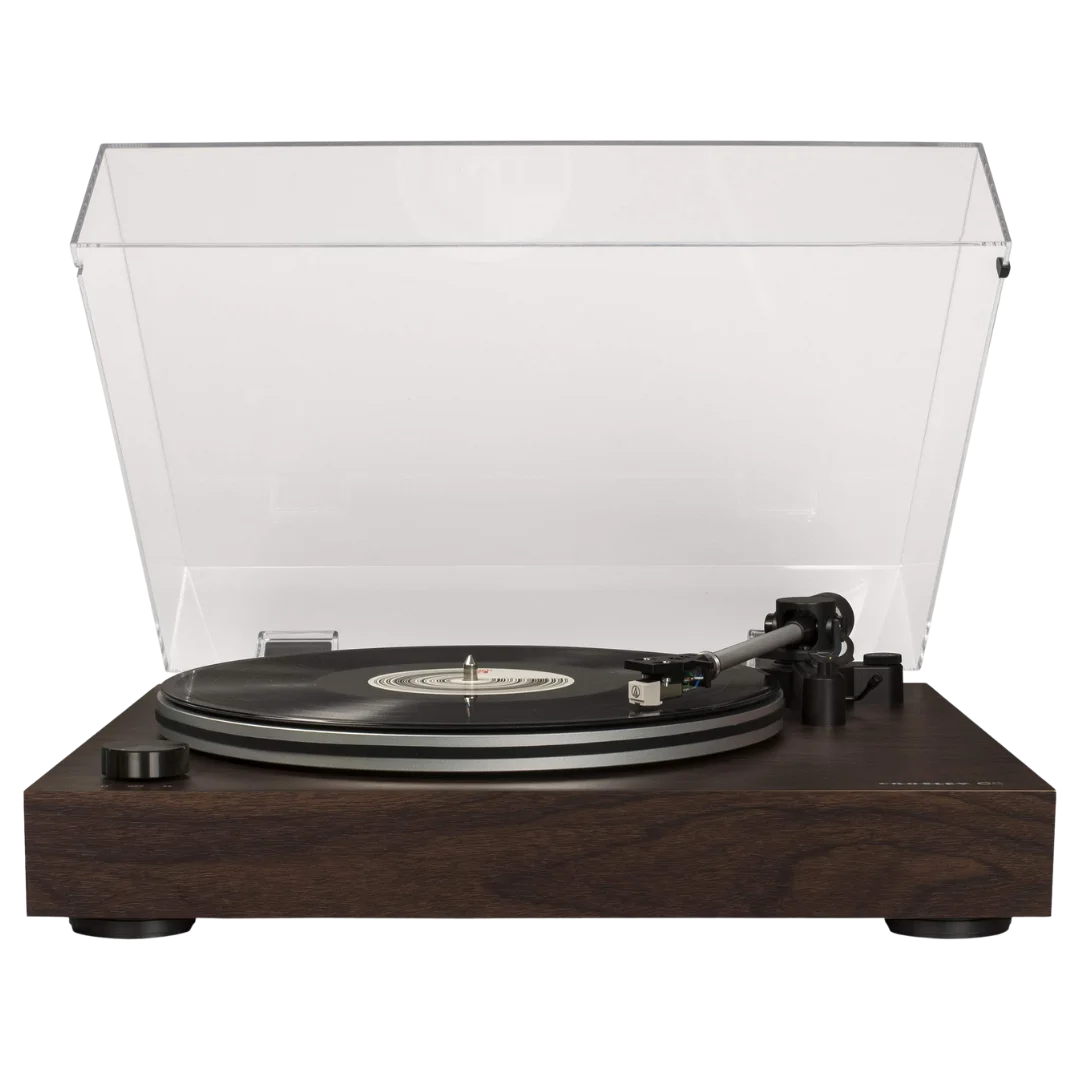 Front view of a Crosley C8 turntable with an open clear dust cover, walnut woodgrain plinth, aluminum platter spinning a vinyl record, and straight tonearm with a mounted cartridge. The design emphasizes a clean, minimalist aesthetic.