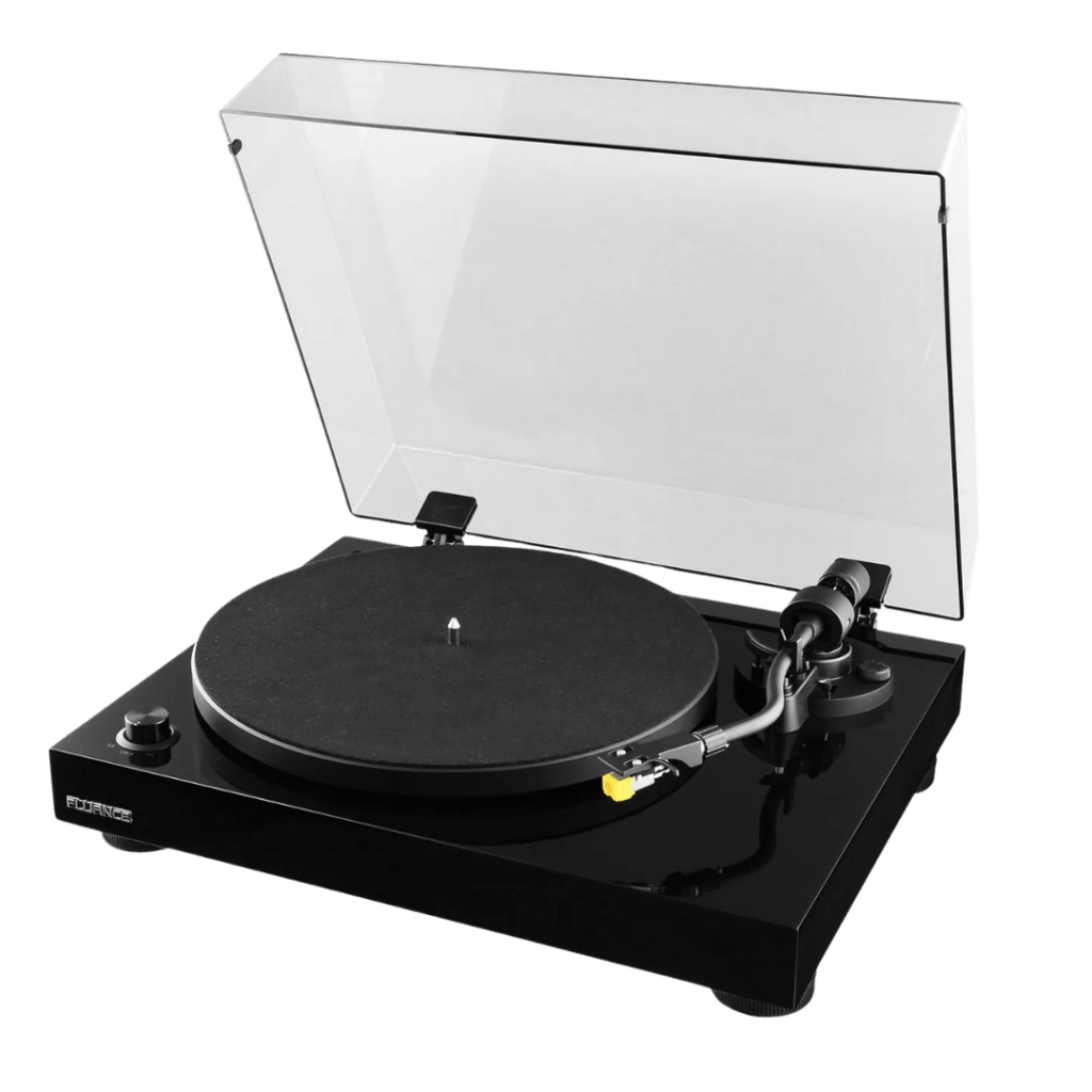 Angled front view of a Fluance RT80 turntable with a high-gloss black finish, open transparent dust cover, felt platter mat, and curved tonearm fitted with a yellow Audio-Technica cartridge. A speed selector knob is located on the front left corner.