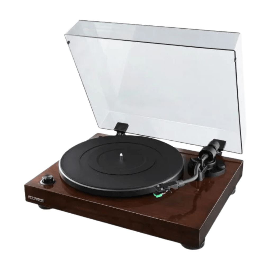 Angled front view of a Fluance RT81 turntable in a glossy walnut wood finish, featuring an open transparent dust cover, rubber platter mat, curved tonearm with a green Audio-Technica cartridge, and a speed control knob on the front left corner.
