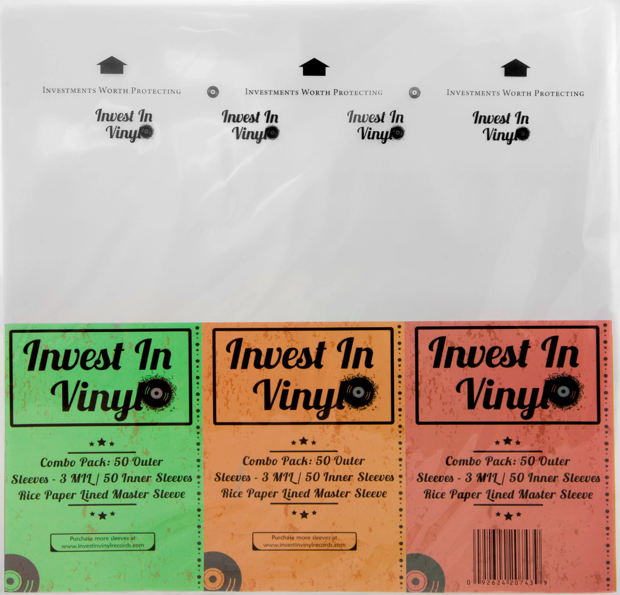 Invest in Vinyl combo pack containing 50 outer sleeves and 50 inner rice paper-lined master sleeves for protecting vinyl records.