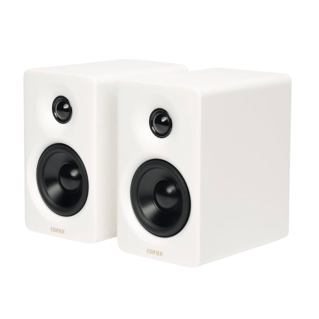 Pair of white Edifier bookshelf speakers with black woofer and tweeter drivers, featuring a modern minimalist design.