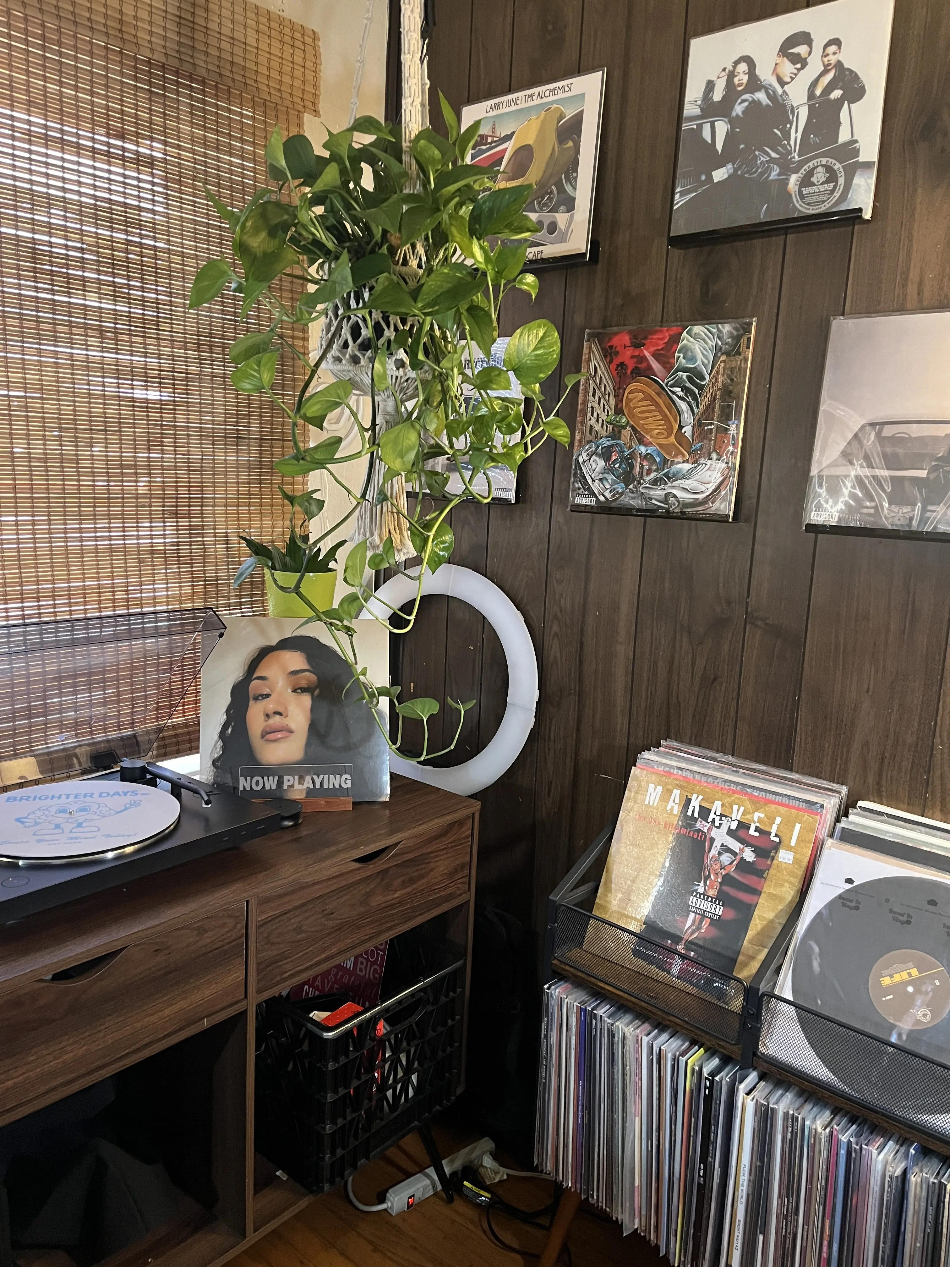 A cozy vinyl listening nook featuring a wooden console with a turntable, a “Now Playing” sign displaying a soulful album cover, and a hanging pothos plant draping over the setup. Framed vinyl album covers decorate the dark wood-paneled wall, including records by Larry June, The Alchemist, and Makaveli. A black crate of records and a dual-bin record stand filled with vinyl complete the warm, music-filled corner.