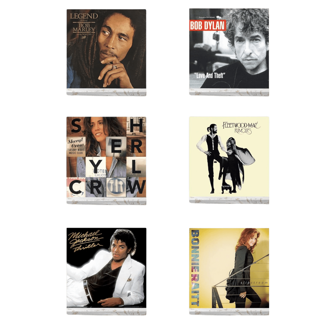 Six vinyl record albums displayed on wall-mounted wooden shelves, featuring covers of Bob Marley, Bob Dylan, Sheryl Crow, Fleetwood Mac, Michael Jackson, and Bonnie Raitt.