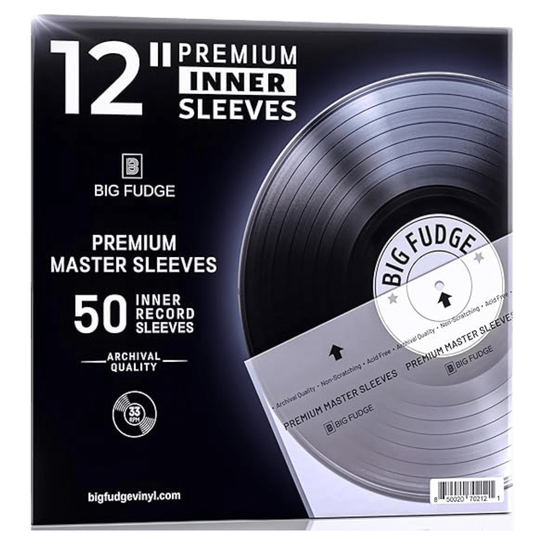 Box of Big Fudge 12-inch Premium Inner Sleeves for vinyl records, labeled as archival quality and containing 50 non-scratching, acid-free master sleeves, with a partial image of a vinyl record inside one sleeve.