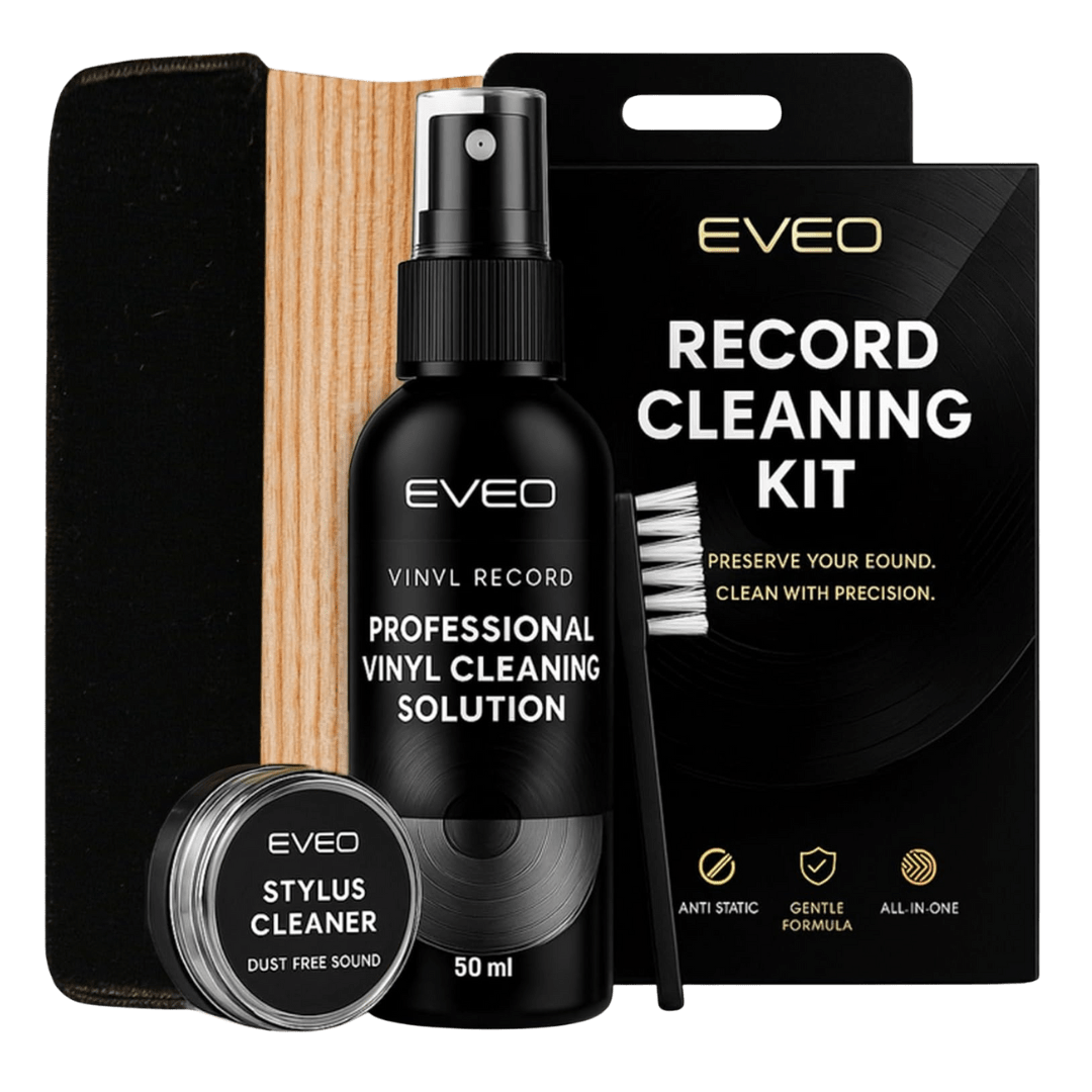 EVEO record cleaning kit with professional vinyl cleaning solution, stylus cleaner, anti-static brush, and velvet cleaning pad for preserving and maintaining vinyl records.