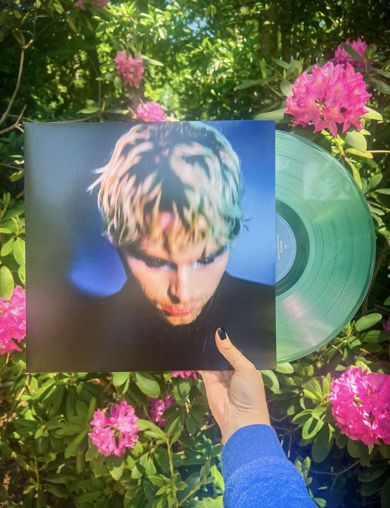 Green translucent vinyl held in a garden with pink flowers