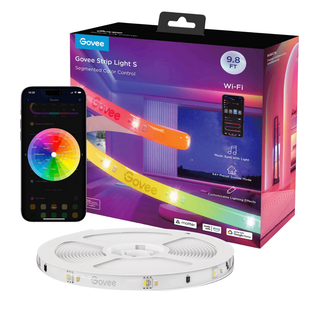 Govee RGBICW Wi-Fi LED strip light kit with 9.8 ft segmented color control, smartphone app display, reel of lights, and packaging highlighting music sync and customizable lighting effects.