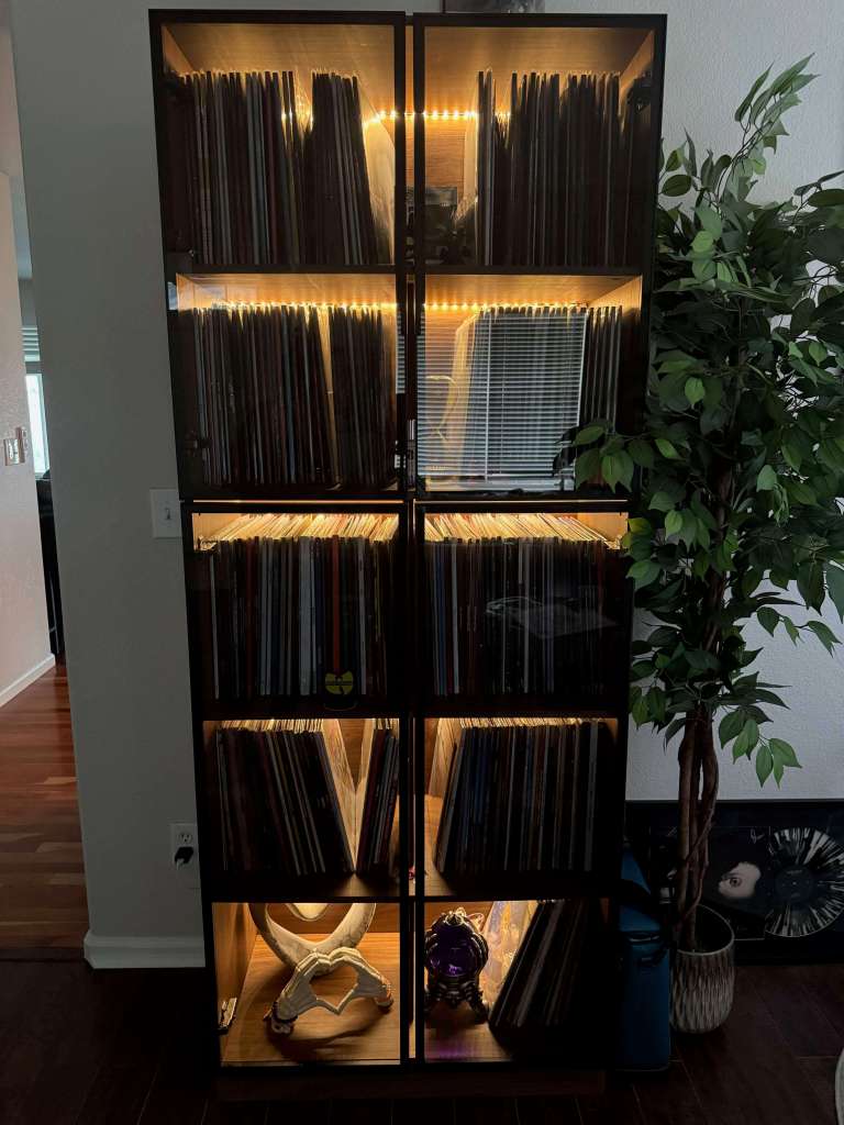 A full-height glass cabinet neatly packed with vinyl records across multiple shelves, softly backlit with golden LED strips. Decorative items, including a white sculptural piece and purple orb, rest at the base, with a tall green plant beside the cabinet.