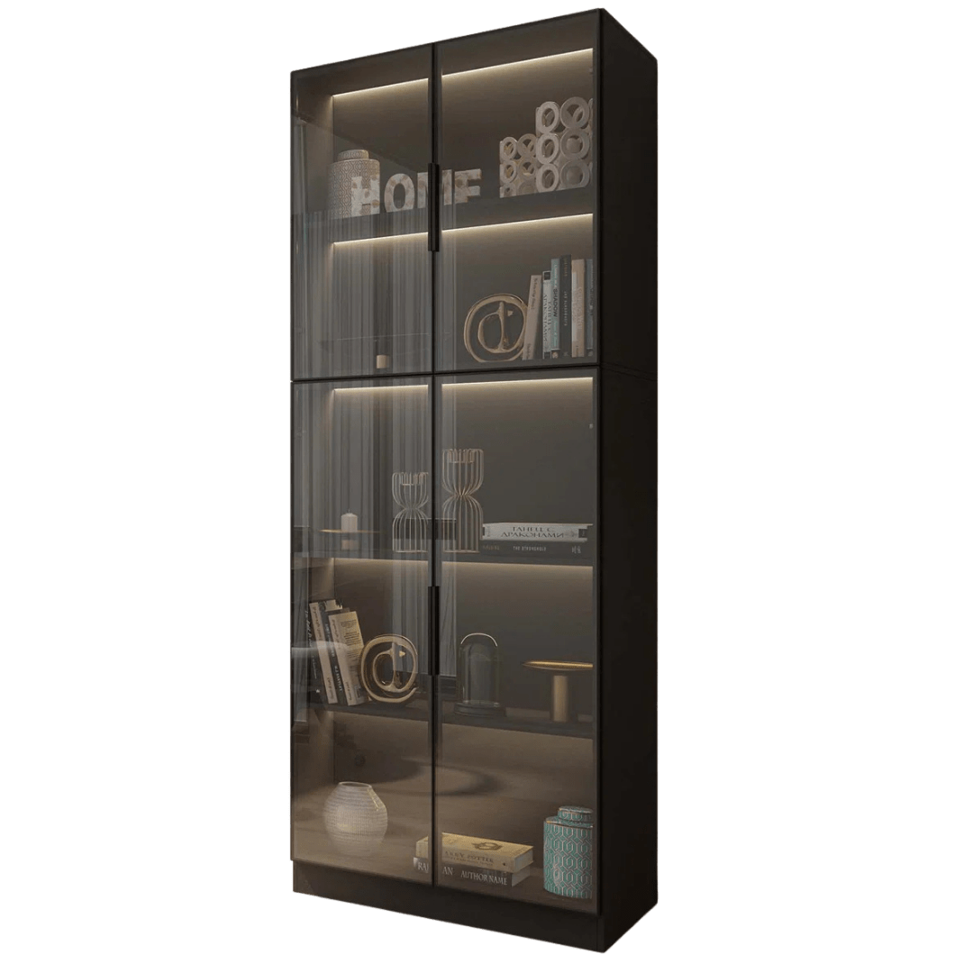 Tall display cabinet with smoked glass doors and integrated LED shelf lighting, matte-black frame, and wood shelves styled with books and decor (Latitude Run).