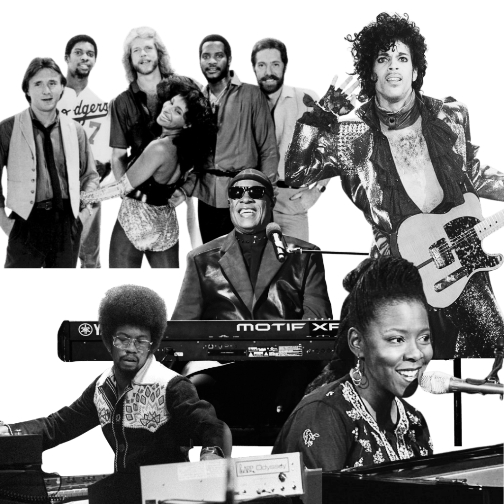 A black-and-white collage of iconic funk and soul artists from the 1970s and 80s. Featured are the band Rufus with Chaka Khan, Prince with his guitar, Stevie Wonder at a Yamaha Motif XF keyboard, Herbie Hancock at his synthesizer, and Patrice Rushen smiling at a piano.